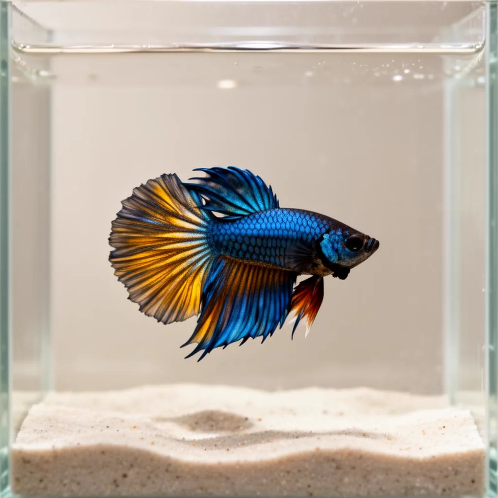An iridescent blue and gold Halfmoon Betta fish in a minimal sand aquarium