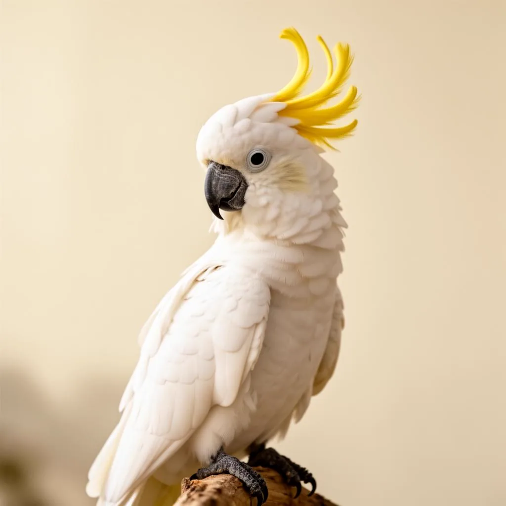 A majestic white Cockatoo with a yellow crest in soft natural light