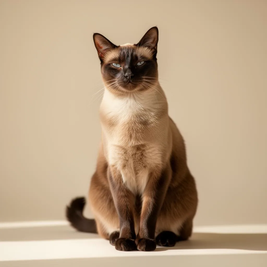 A refined Siamese cat poised in soft light