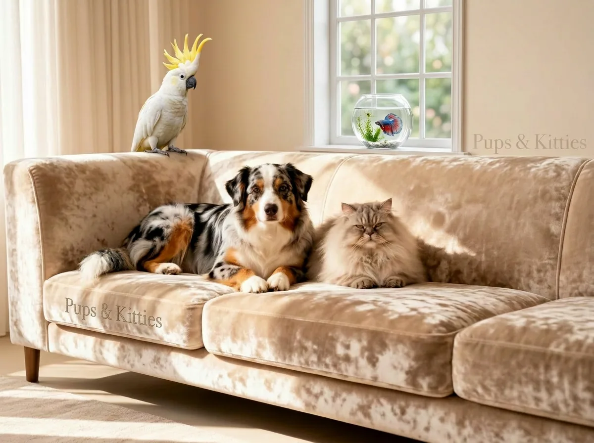 A graceful Australian Shepherd and a Persian cat resting peacefully together on a plush velvet sofa in a sun-drenched interior